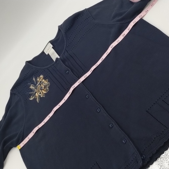 Koret vintage navy blue button down sweater with floral embroidered accent - Picture 7 of 11